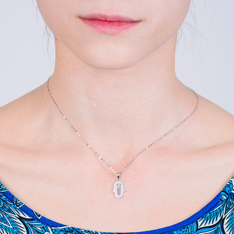 Divine Realm Energy - Hamsa Blue Enamel 925 Sterling Silver Cubic Zirconia Necklace