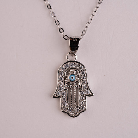 Divine Realm Energy - Hamsa Blue Enamel 925 Sterling Silver Cubic Zirconia Necklace