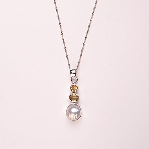 Angel Of Happiness - Citrine November Birthstone Baroque Pearl June Birthstone  925 Sterling Silver Necklace