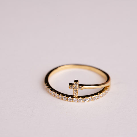 Radiant Grace - Cross 14K Gold Over 925 Sterling Silver Cubic Zirconia Ring