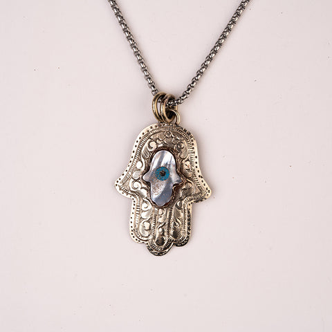 Trustworthy Soul - Mother of Pearl Hamsa Tibetan Silver Spiritual Necklace