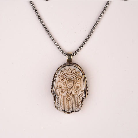 Noble Courage - Buffalo Bone Hamsa Tibetan Silver Necklace