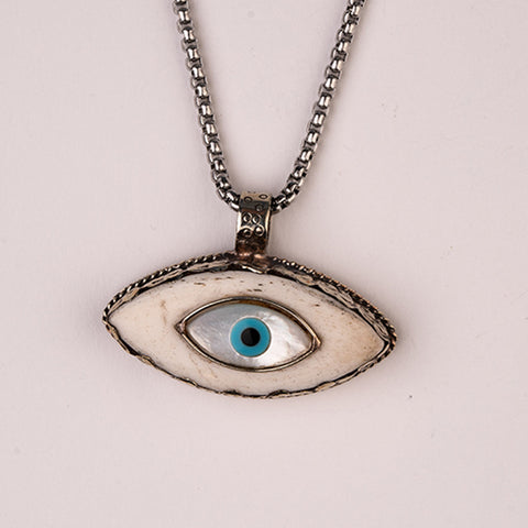 Serene Love - Buffalo Bone Mother of Pearl Evil Eye Tibetan Silver Necklace