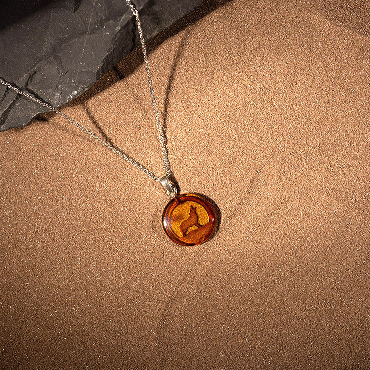 Protective Spirit - Genuine Baltic Natural Amber Wolf 925 Sterling Silver Necklace