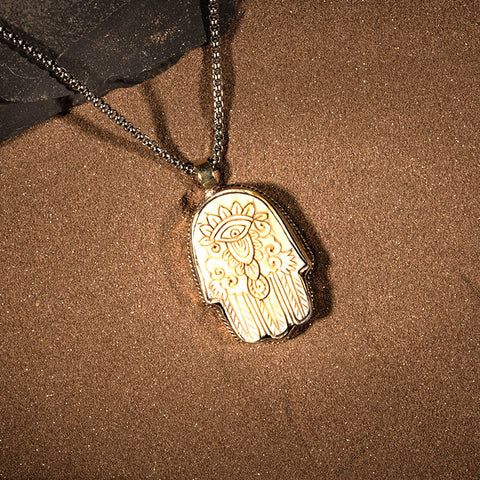 Noble Courage - Buffalo Bone Hamsa Tibetan Silver Necklace