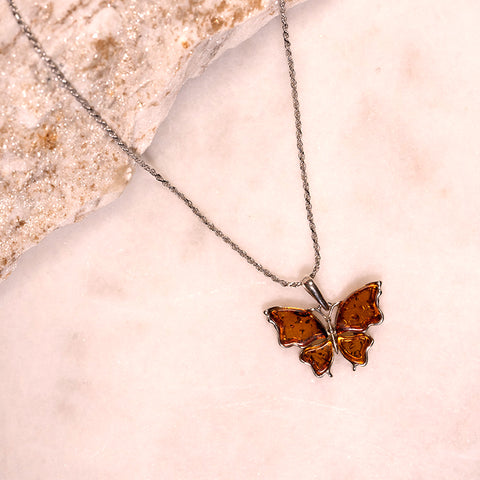 Fluttering Elegance - Genuine Baltic Natural Amber Butterfly Shape 925 Sterling Silver Necklace