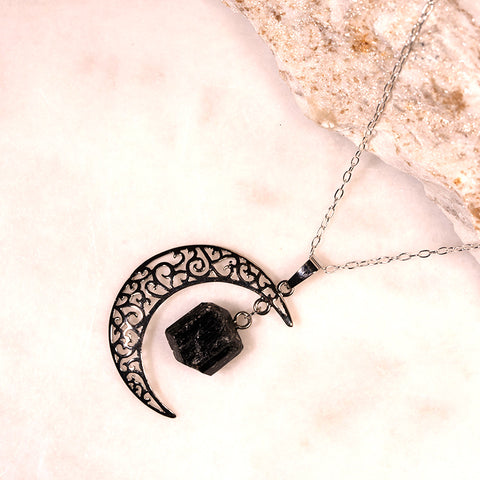 Lunar Guardian - Black Tourmaline  October Birthstone925 Sterling Silver Necklace