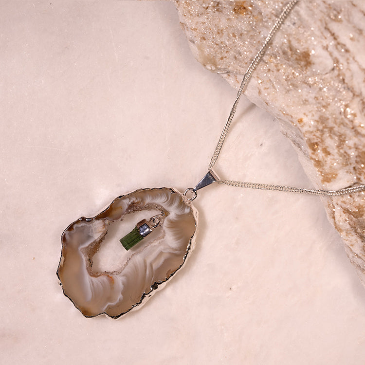 Graceful Wisdom - Tourmaline Agate Geode Slice October Birthstone 925 Sterling Silver Necklace
