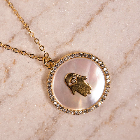 Blissful Aura - Hamsa Mother Of Pearl 14K Gold Over 925 Sterling Sivler Cubic Zirconia Necklace