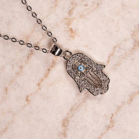 Divine Realm Energy - Hamsa Blue Enamel 925 Sterling Silver Cubic Zirconia Necklace