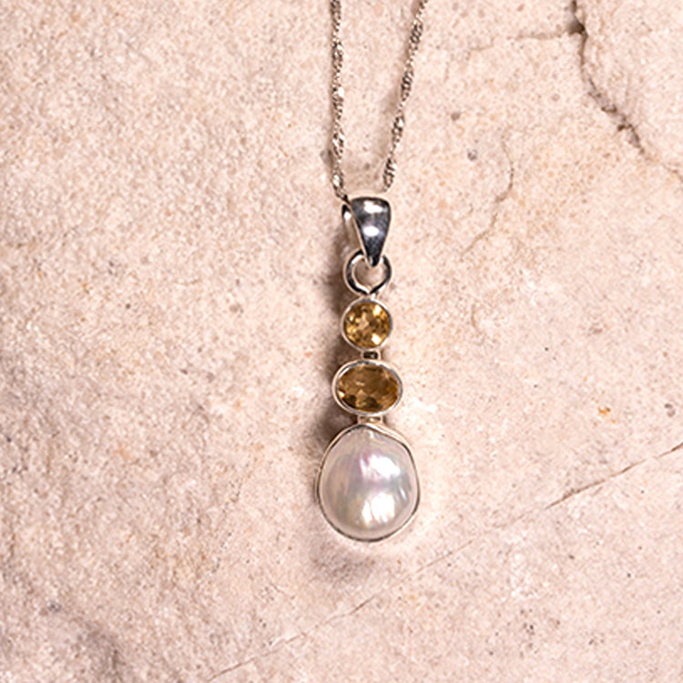 Angel Of Happiness - Citrine November Birthstone Baroque Pearl June Birthstone  925 Sterling Silver Necklace