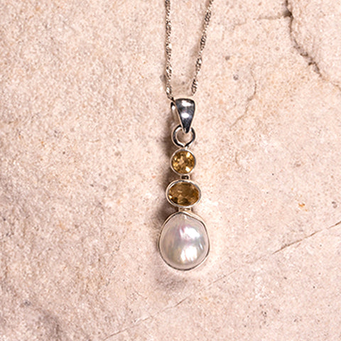 Angel Of Happiness - Citrine November Birthstone Baroque Pearl June Birthstone  925 Sterling Silver Necklace