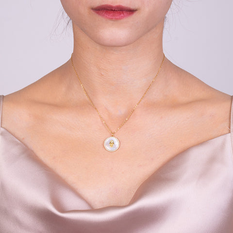 Blissful Aura - Hamsa Mother Of Pearl 14K Gold Over 925 Sterling Sivler Cubic Zirconia Necklace