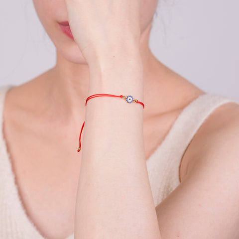 Enchanted Fate - Red String Evil Eye 14K Gold Plated 925 Sterling Silver Cubic Zirconia Bracelet