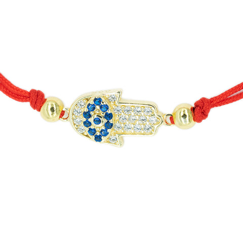 Blessed Shield - Hamsa Red String 14K Gold Over 925 Sterling Silver Cubic Zirconia Bracelet