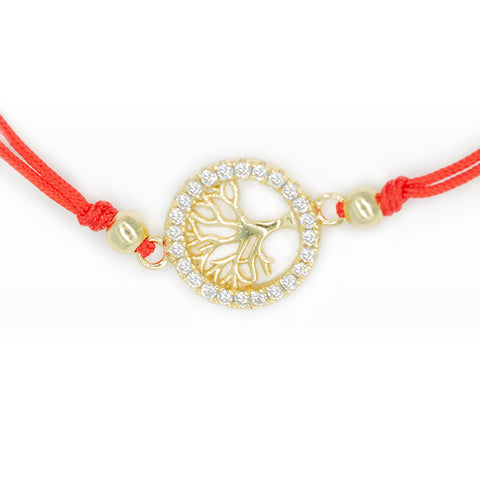 Vibrant Blessings - Red String Tree of Life 14K Gold Over 925 Sterling Silver Cubic Zirconia Bracelet