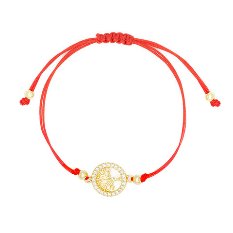 Vibrant Blessings - Red String Tree of Life 14K Gold Over 925 Sterling Silver Cubic Zirconia Bracelet