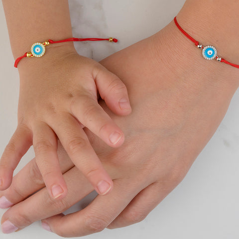 Divine Guardian - Red String Evil Eye Enamel 14K Gold Over 925 Sterling Silver Cubic Zirconia Bracelet