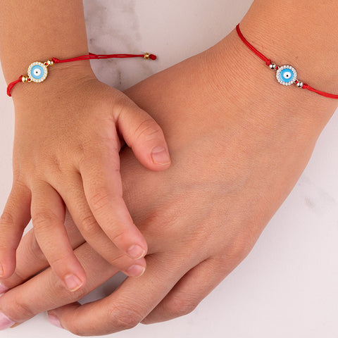 Divine Guardian - Red String Evil Eye Enamel 14K Gold Over 925 Sterling Silver Cubic Zirconia Bracelet