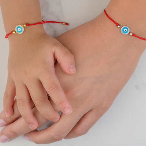 Divine Guardian - Red String Evil Eye Enamel 14K Gold Over 925 Sterling Silver Cubic Zirconia Bracelet