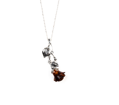 Serene Grace - Genuine Baltic Natural Amber Rose 925 Sterling Silver Necklace & Brooch
