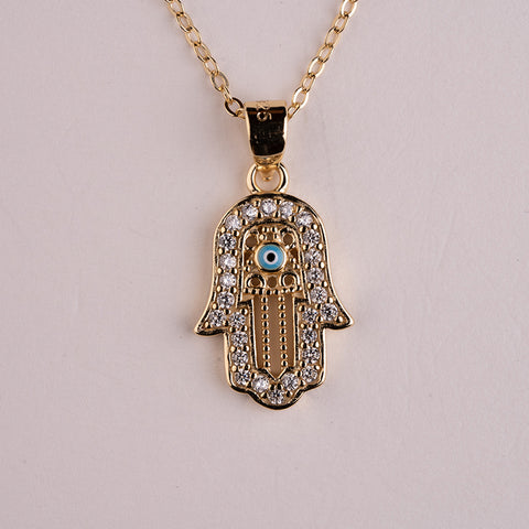 Divine Realm Energy - Hamsa Blue Enamel 14K Gold Cubic Zirconia Pendant Necklace