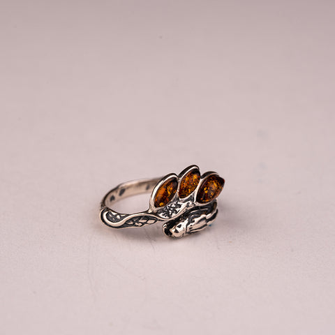 Blessings of the Dragon - Genuine Baltic Natural Amber Dragon 925 Sterling Silver Ring