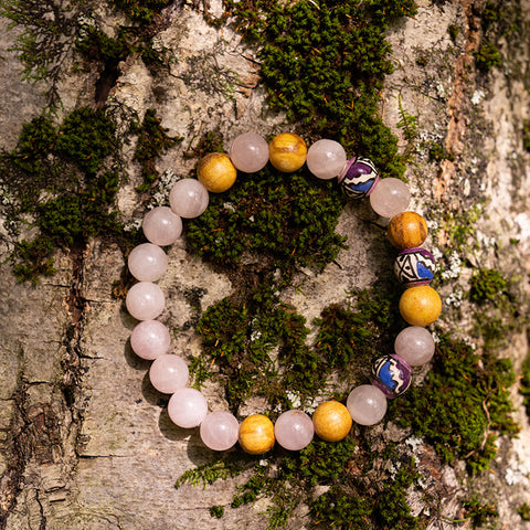 Beads of Harmony - Rose Quartz Palo Santo Patterned Pottery Beads Bracelet