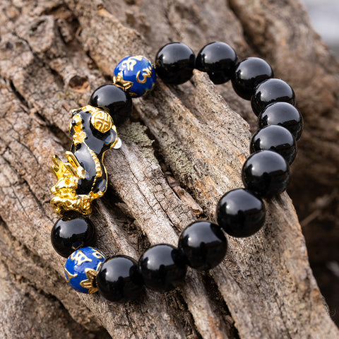 Abundance Attractor - Black Agate Enamel Dragon Feng Shui Pixiu Bracelet