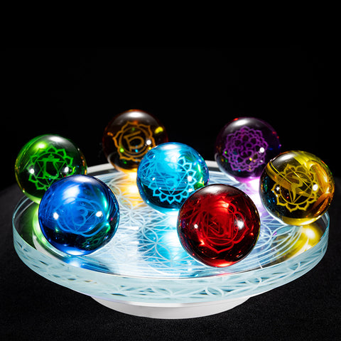 Energy Healing Chakra --Seven Chakras Color Spheres Glass Spheres Stand Flower of Life Home Blessings