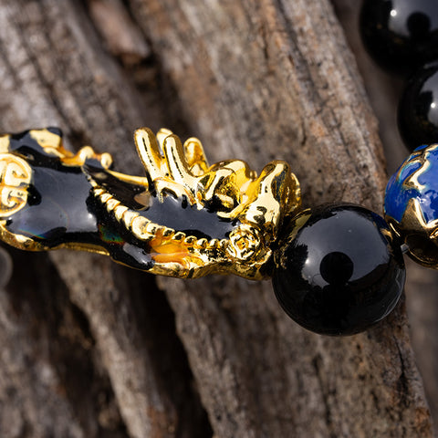 Abundance Attractor - Black Agate Enamel Dragon Feng Shui Pixiu Bracelet