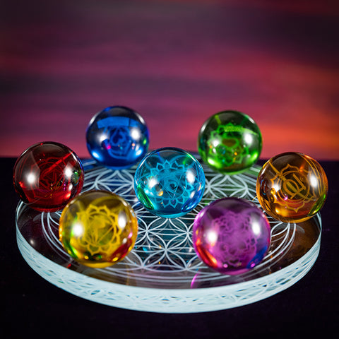 Energy Healing Chakra --Seven Chakras Color Spheres Glass Spheres Stand Flower of Life Home Blessings