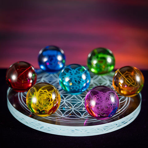 Energy Healing Chakra --Seven Chakras Color Spheres Glass Spheres Stand Flower of Life Home Blessings