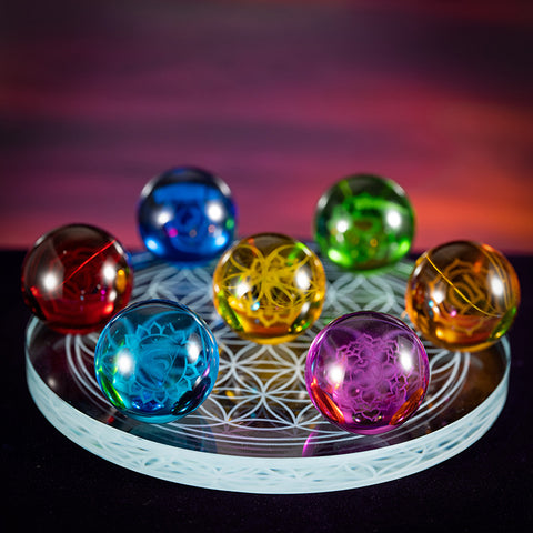 Energy Healing Chakra --Seven Chakras Color Spheres Glass Spheres Stand Flower of Life Home Blessings