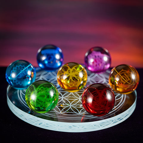 Energy Healing Chakra --Seven Chakras Color Spheres Glass Spheres Stand Flower of Life Home Blessings