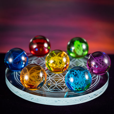 Energy Healing Chakra --Seven Chakras Color Spheres Glass Spheres Stand Flower of Life Home Blessings