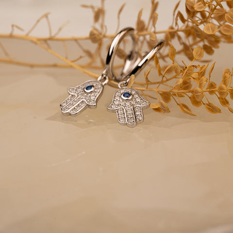 Hamsa Halo - Hamsa Blessing Good fortune 925 Sterling Silver Cubic Zirconia Earring