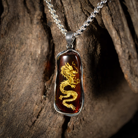 Sovereign Guardian - Genuine Baltic Natural Amber Chinese Dragon Necklace