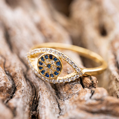 Sparkling Positivity - Evil Eye 14K Gold 925 Sterling Silver Cubic Zirconia Ring