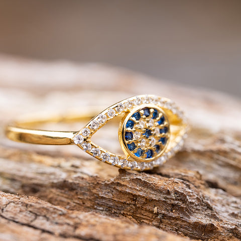 Sparkling Positivity - Evil Eye 14K Gold 925 Sterling Silver Cubic Zirconia Ring