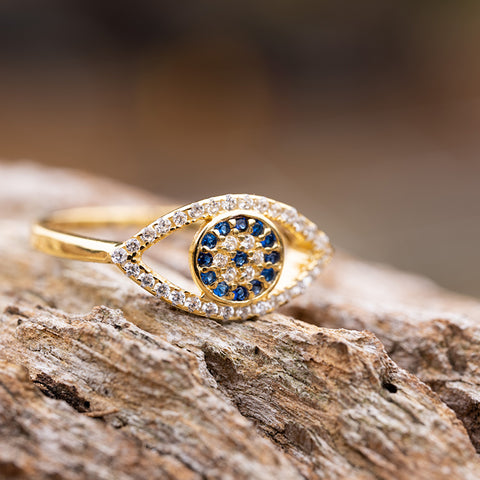 Sparkling Positivity - Evil Eye 14K Gold 925 Sterling Silver Cubic Zirconia Ring