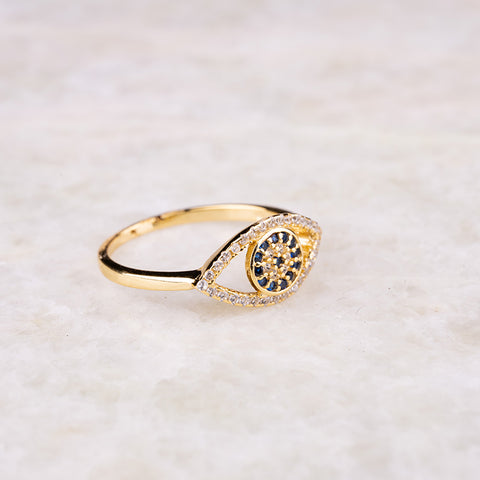 Sparkling Positivity - Evil Eye 14K Gold 925 Sterling Silver Cubic Zirconia Ring