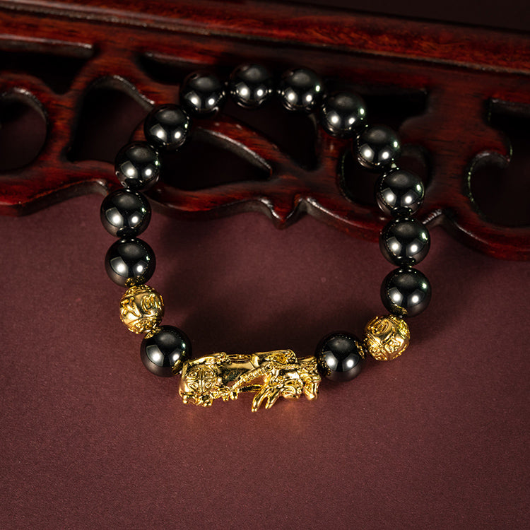 Magnetic Wealth Attractor - Hematite 18K Gold Cover Brass Dragon Pixiu Bracelet