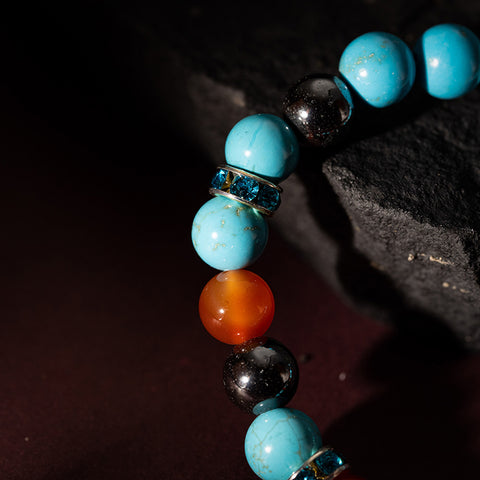 Celestial Harmony - Turquoise Red Agate Hematite December Birthstone Cubic Zirconia Bracelet