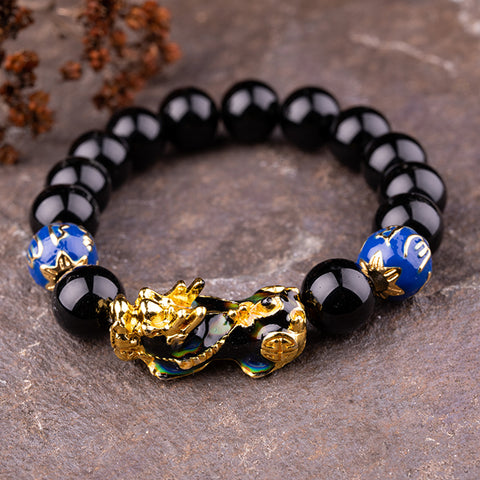 Abundance Attractor - Black Agate Enamel Dragon Feng Shui Pixiu Bracelet