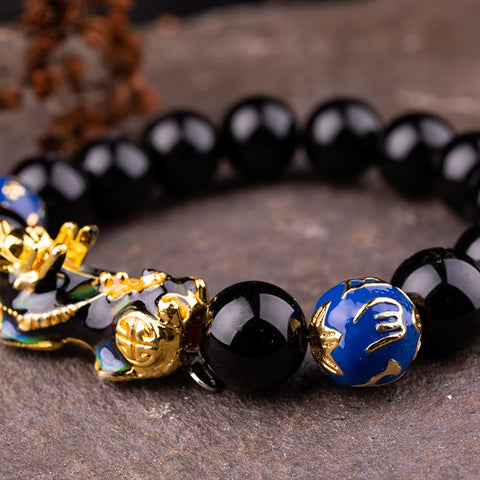 Abundance Attractor - Black Agate Enamel Dragon Feng Shui Pixiu Bracelet