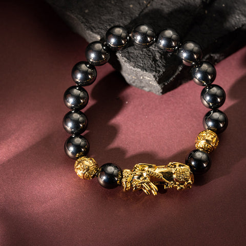 Magnetic Wealth Attractor - Hematite 18K Gold Cover Brass Dragon Pixiu Bracelet