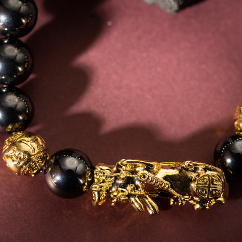 Magnetic Wealth Attractor - Hematite 18K Gold Cover Brass Dragon Pixiu Bracelet