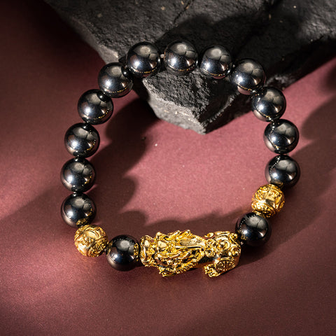 Magnetic Wealth Attractor - Hematite 18K Gold Cover Brass Dragon Pixiu Bracelet