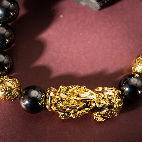 Magnetic Wealth Attractor - Hematite 18K Gold Cover Brass Dragon Pixiu Bracelet